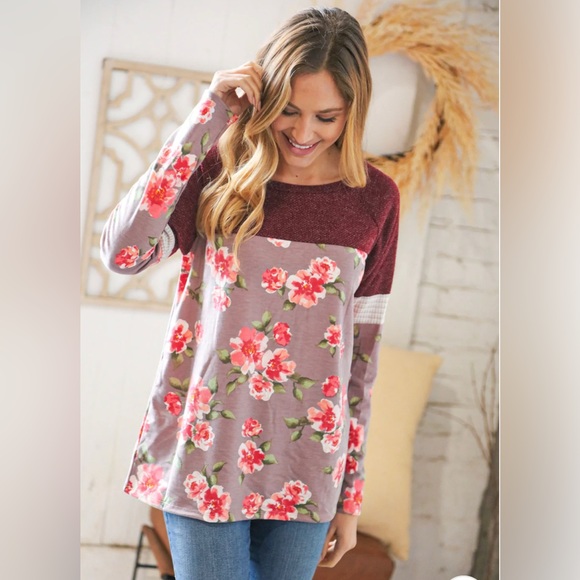 Burgundy Floral Color Block Top - Picture 6 of 7